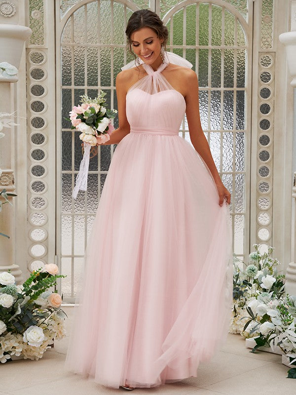 A-Line/Princess Tulle Ruffles Halter Sleeveless Floor-Length Bridesmaid Dresses TPP0004966