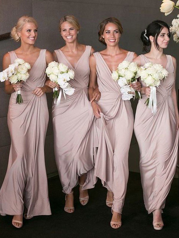 A-Line/Princess V-neck Sleeveless Floor-Length Spandex Bridesmaid Dresses TPP0005076