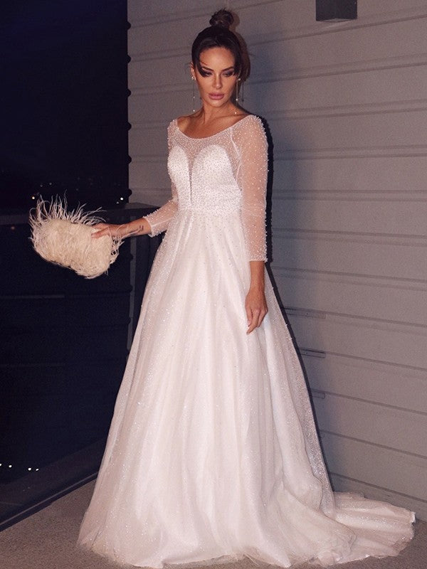 A-Line/Princess Beading Scoop Tulle Long Sleeves Sweep/Brush Train Wedding Dresses TPP0006062