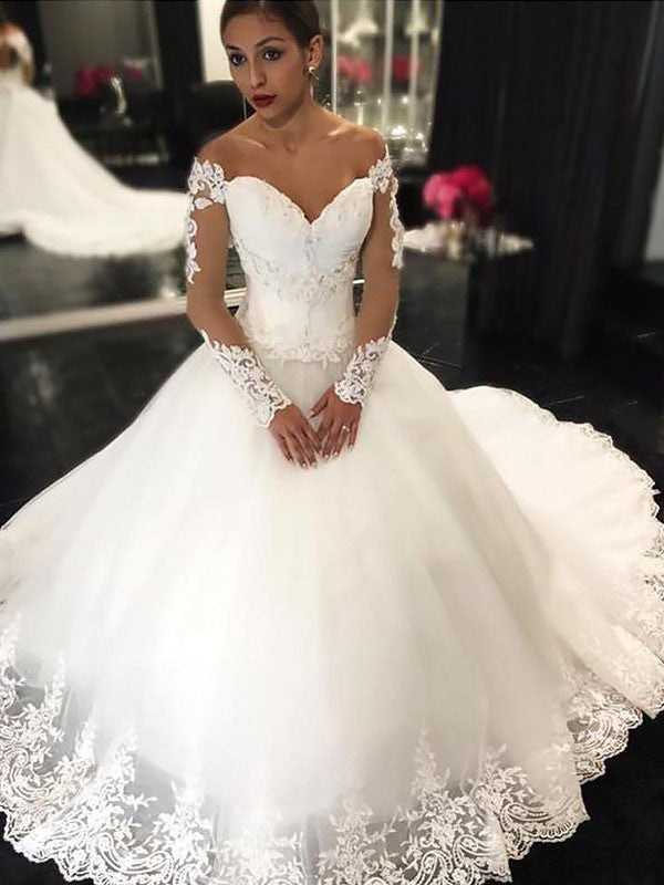 Ball Gown Applique Long Sleeves Tulle Off-the-Shoulder Court Train Wedding Dresses TPP0006112