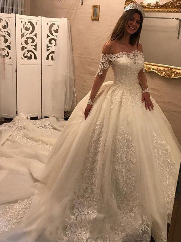 Ball Gown Off-the-Shoulder Long Sleeves Cathedral Train Applique Tulle Wedding Dresses TPP0006125