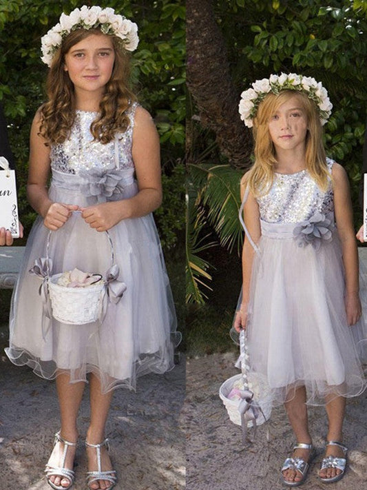 A-Line/Princess Hand-Made Flower Tulle Scoop Sleeveless Tea-Length Flower Girl Dresses TPP0007882