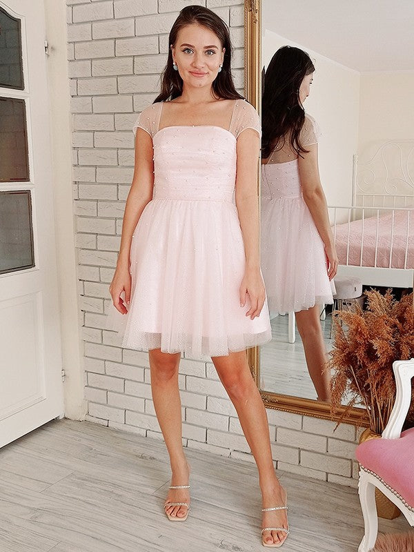 A-Line/Princess Tulle Beading Strapless Short Sleeves Short/Mini Dresses TPP0004845