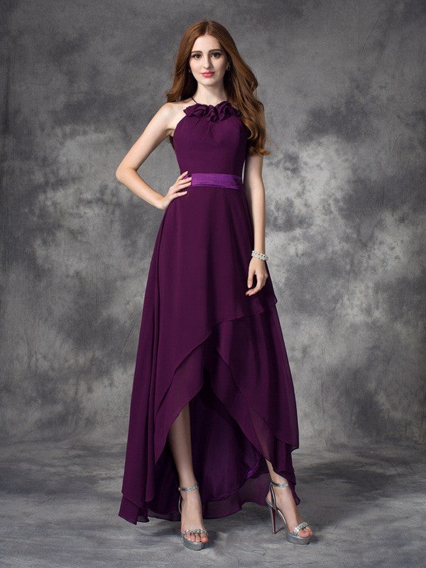 A-line/Princess Halter Ruffles Sleeveless High Low Chiffon Bridesmaid Dresses TPP0005338