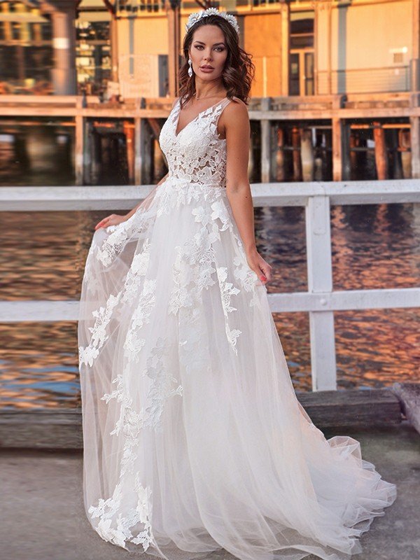 A-Line/Princess Tulle Sleeveless Applique V-neck Sweep/Brush Train Wedding Dresses TPP0006027