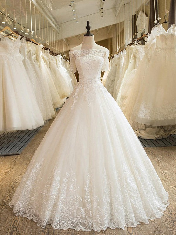Ball Gown 1/2 Sleeves Off-the-Shoulder Floor-Length Applique Lace Tulle Wedding Dresses TPP0006322
