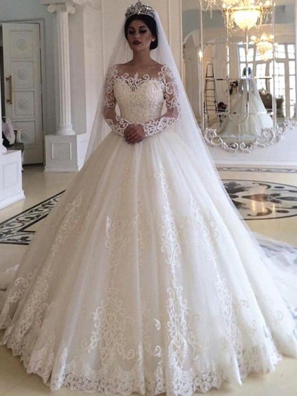 Ball Gown Tulle Applique Off-the-Shoulder Long Sleeves Sweep/Brush Train Wedding Dresses TPP0006415