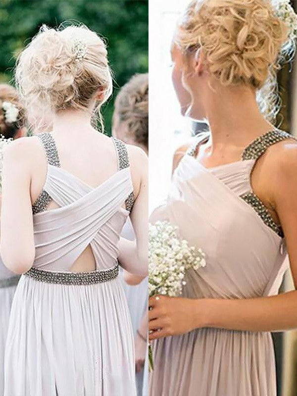 A-Line/Princess Straps Sleeveless Chiffon Floor-Length Beading Bridesmaid Dresses TPP0005662