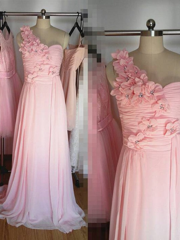 A-Line/Princess One-Shoulder Sleeveless Floor-Length Hand-Made Flower Chiffon Bridesmaid Dresses TPP0005423
