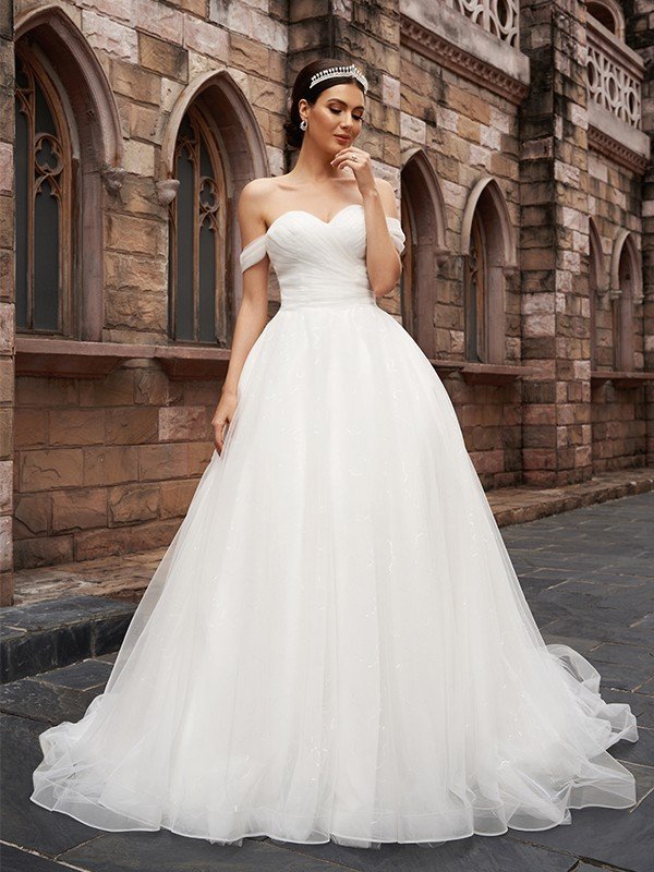 A-Line/Princess Off-the-Shoulder Tulle Sleeveless Ruched Court Train Wedding Dresses TPP0006089