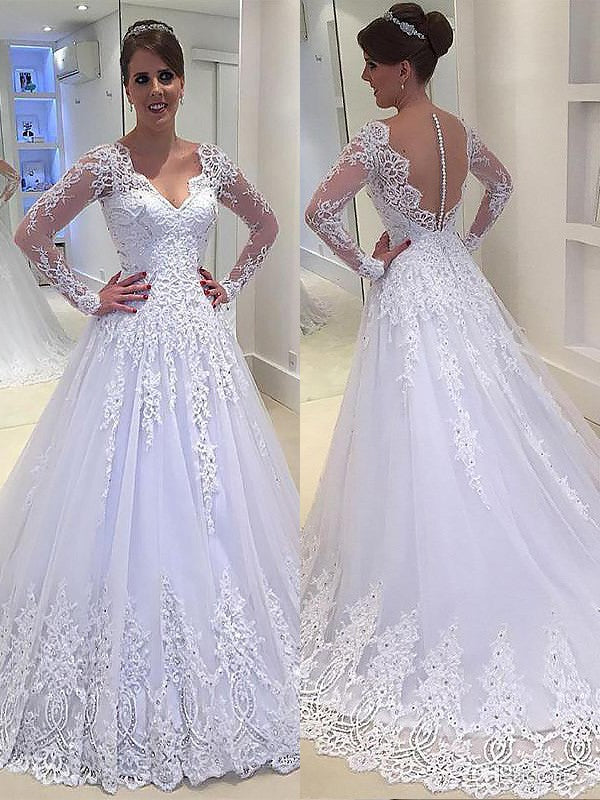 A-Line/Princess Applique V-neck Court Train Tulle Long Sleeves Wedding Dresses TPP0006170