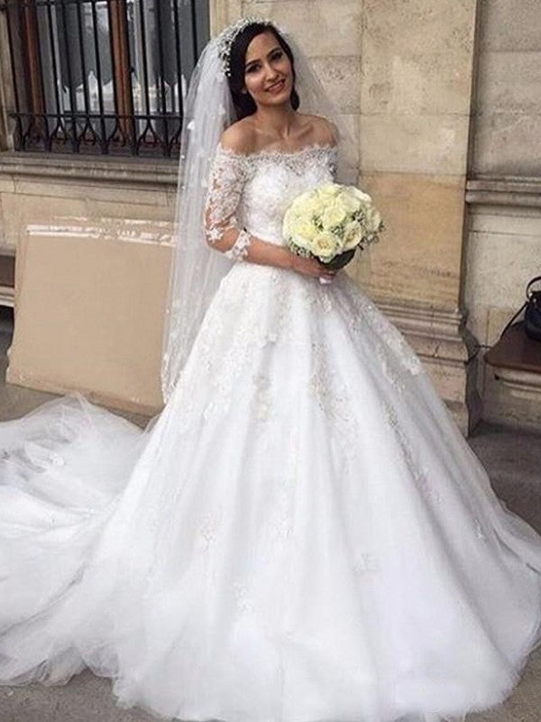 Ball Gown Tulle Off-the-Shoulder Applique 3/4 Sleeves Chapel Train Wedding Dresses TPP0006285