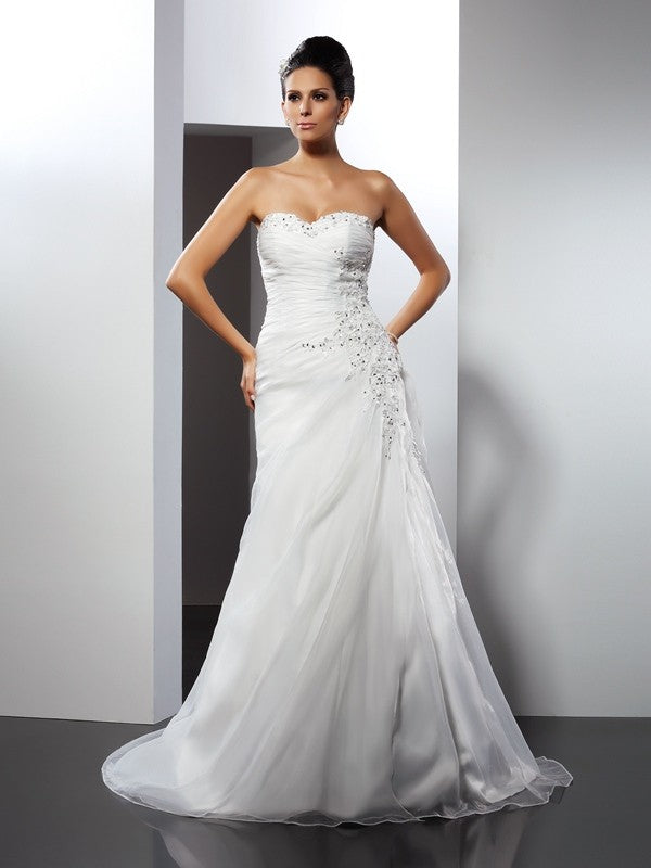 A-Line/Princess Sweetheart Applique Sleeveless Long Organza Wedding Dresses TPP0006515