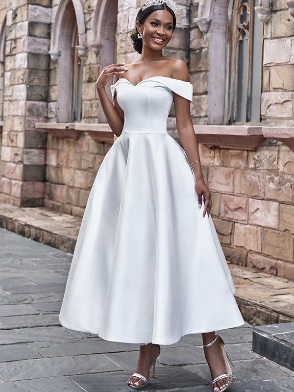 A-Line/Princess Satin Ruffles Off-the-Shoulder Sleeveless Ankle-Length Wedding Dresses TPP0006529