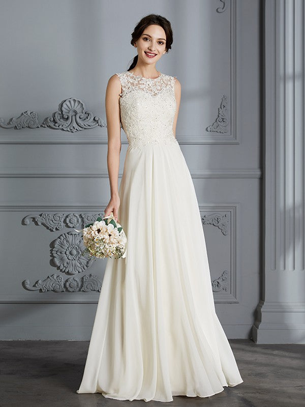 A-Line/Princess Scoop Chiffon Sleeveless Floor-Length Wedding Dresses TPP0006190