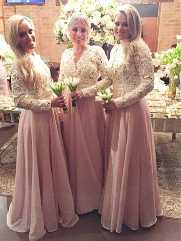 A-Line/Princess Long Sleeves V-neck Floor-Length Lace Chiffon Bridesmaid Dresses TPP0005083