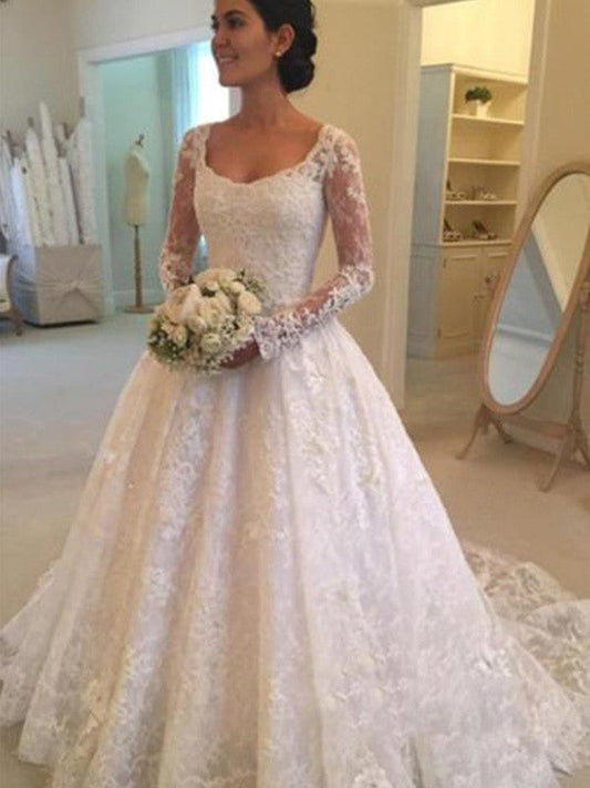 Ball Gown Long Sleeves Scoop Cathedral Train Ruffles Lace Wedding Dresses TPP0006348