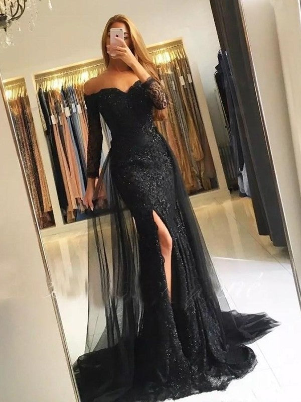 Trumpet/Mermaid Long Sleeves Off-the-Shoulder Sweep/Brush Train Tulle Lace Dresses TPP0001375