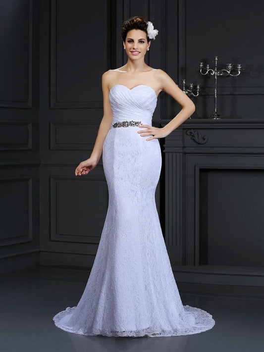 Trumpet/Mermaid Sweetheart Sleeveless Long Lace Wedding Dresses TPP0006624