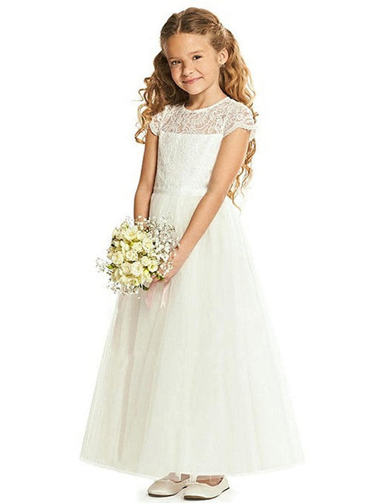 A-Line/Princess Tulle Lace Scoop Short Sleeves Ankle-Length Flower Girl Dresses TPP0007868