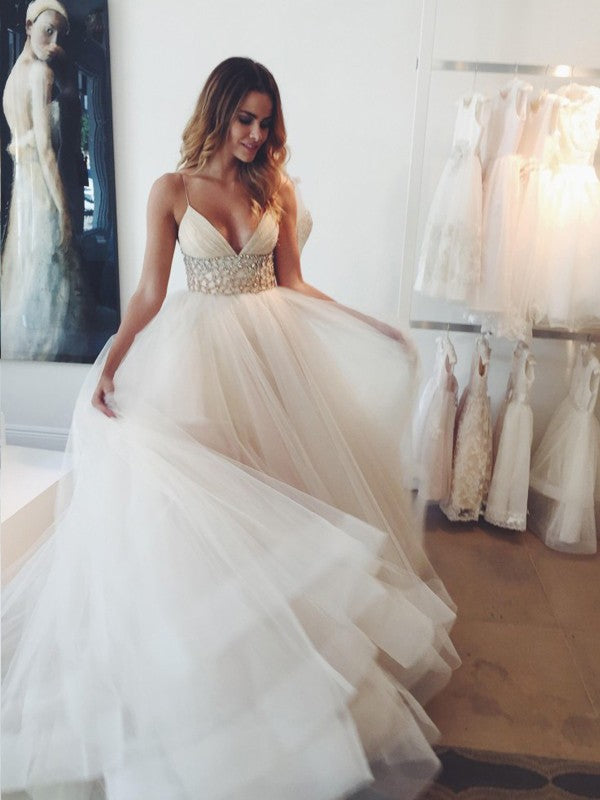 Ball Gown Spaghetti Straps Sleeveless Crystal Court Train Tulle Wedding Dresses TPP0006122
