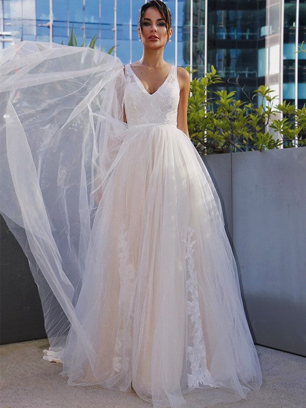 A-Line/Princess Tulle V-neck Applique Sleeveless Sweep/Brush Train Wedding Dresses TPP0006067