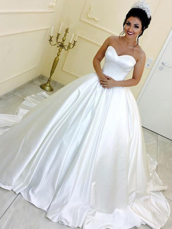 Ball Gown Sweetheart Satin Sleeveless Sash/Ribbon/Belt Cathedral Train Wedding Dresses TPP0006219