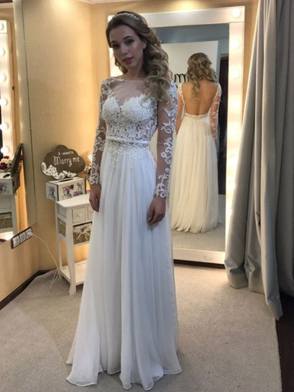 A-Line/Princess Bateau Floor-Length Long Sleeves Lace Chiffon Wedding Dresses TPP0006188