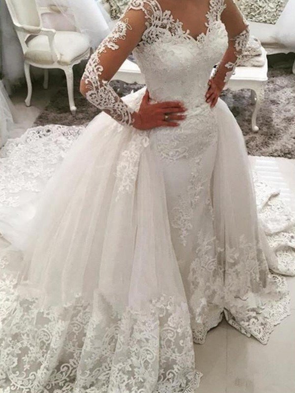 Ball Gown V-neck Long Sleeves Cathedral Train Applique Lace Tulle Wedding Dresses TPP0006128
