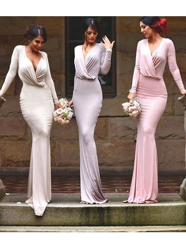 Sheath/Column V-neck Floor-Length Sleeveless Jersey Bridesmaid Dresses TPP0005247
