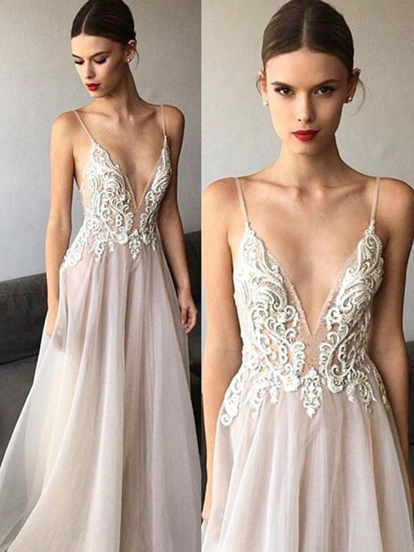 A-Line/Princess Sleeveless V-neck Sweep/Brush Train Spaghetti Straps Lace Organza Wedding Dresses TPP0006522