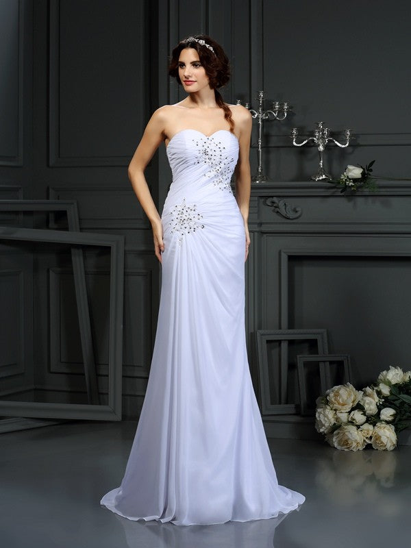 Sheath/Column Sweetheart Beading Sleeveless Long Chiffon Wedding Dresses TPP0006553