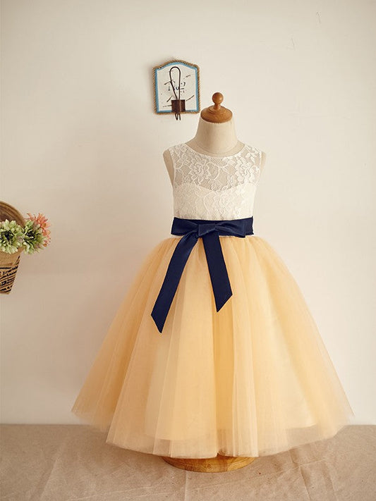 A-Line/Princess Sleeveless Tulle Lace Scoop Floor-Length Flower Girl Dresses TPP0007895