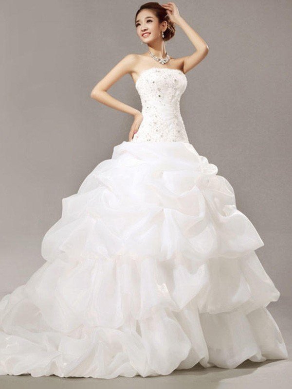 Ball Gown Sleeveless Strapless Cathedral Train Beading Lace Pleats Organza Wedding Dresses TPP0006543