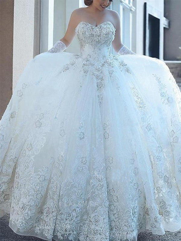 Ball Gown Sweetheart Applique Tulle Sleeveless Cathedral Train Wedding Dresses TPP0006181