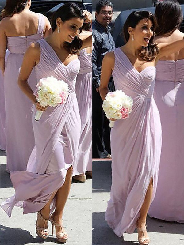 A-Line/Princess One-Shoulder Chiffon Ruched Sleeveless Floor-Length Bridesmaid Dresses TPP0005242