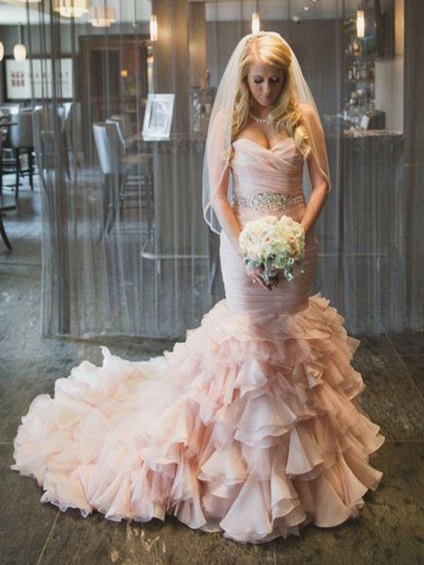 Trumpet/Mermaid Sleeveless Sweetheart Court Train Ruffles Organza Wedding Dresses TPP0006324