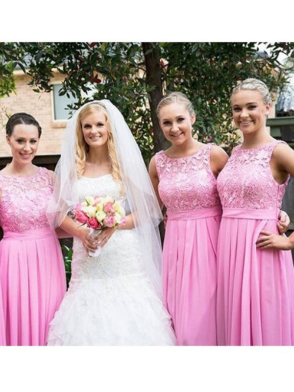 A-Line/Princess Scoop Sleeveless Floor-Length Lace Chiffon Bridesmaid Dresses TPP0005613