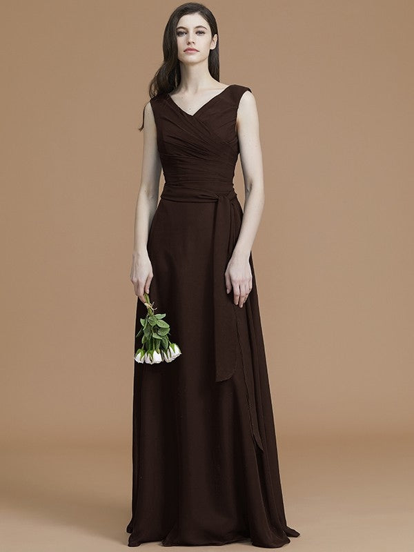 A-Line/Princess V-neck Sleeveless Floor-Length Sash/Ribbon/Belt Chiffon Bridesmaid Dresses TPP0005812