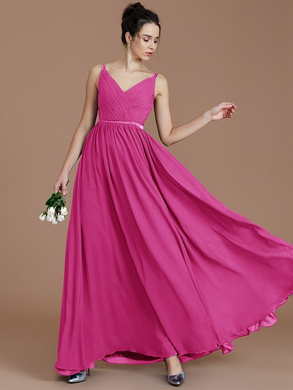 A-Line/Princess V-neck Sleeveless Ruched Floor-Length Chiffon Bridesmaid Dresses TPP0005599
