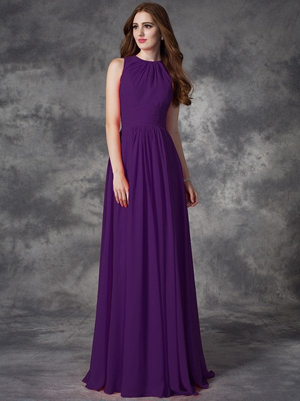 A-line/Princess Jewel Ruffles Sleeveless Long Chiffon Bridesmaid Dresses TPP0005510