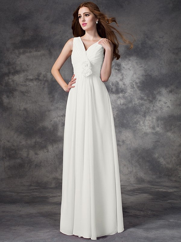 A-line/Princess V-neck Hand-Made Flower Sleeveless Long Chiffon Bridesmaid Dresses TPP0005784