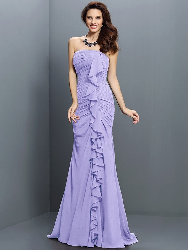 Trumpet/Mermaid Strapless Pleats Sleeveless Long Chiffon Bridesmaid Dresses TPP0005428