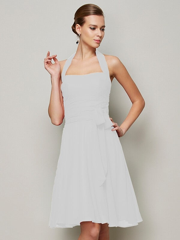 A-Line/Princess Halter Sleeveless Pleats Bowknot Short Chiffon Bridesmaid Dresses TPP0005094