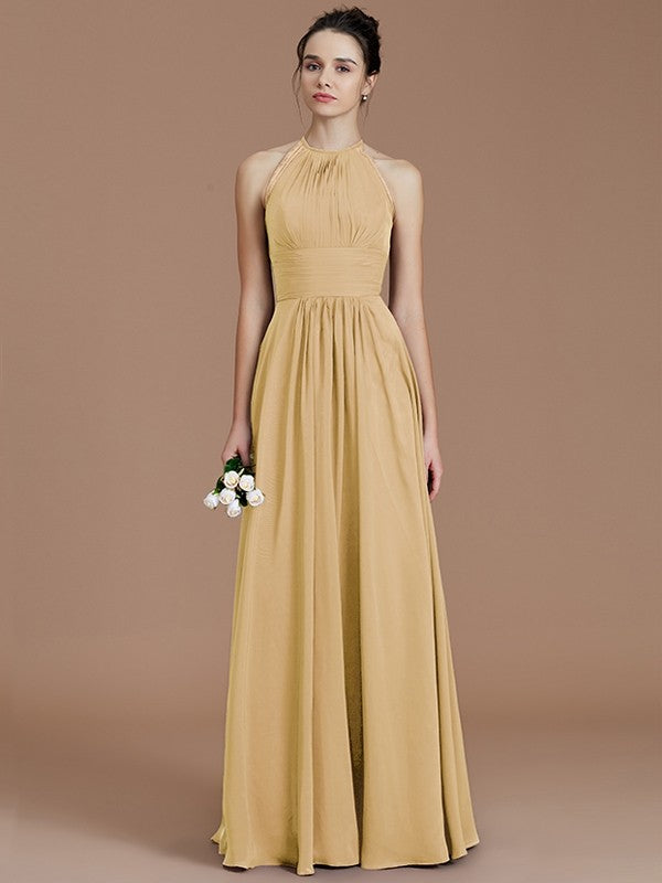 A-Line/Princess Halter Sleeveless Ruched Floor-Length Chiffon Bridesmaid Dresses TPP0005263