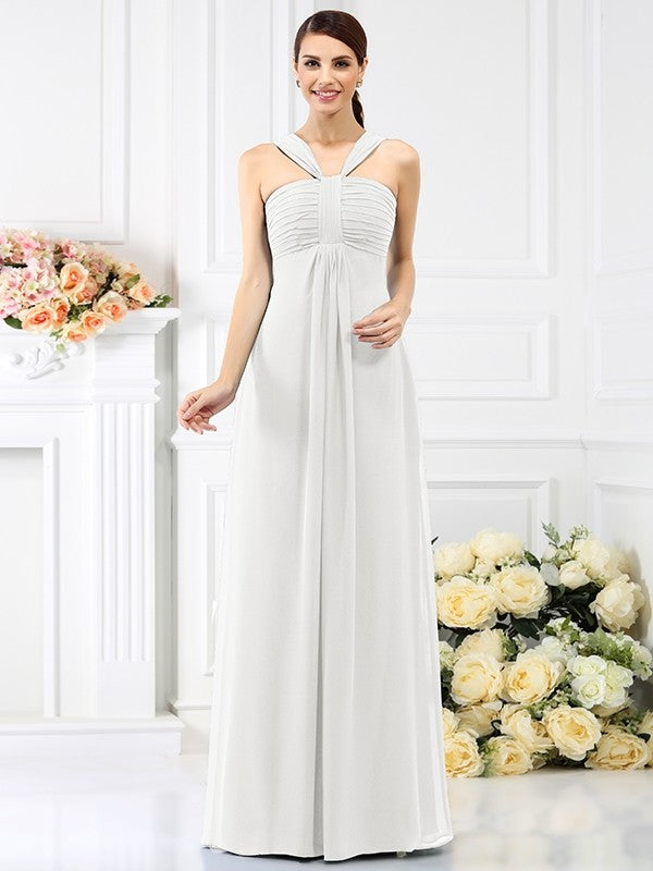 A-Line/Princess Straps Pleats Sleeveless Long Chiffon Bridesmaid Dresses TPP0005478