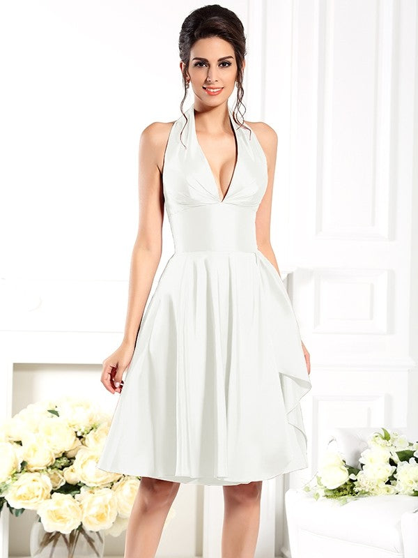 A-Line/Princess Halter Sleeveless Short Taffeta Bridesmaid Dresses TPP0005356