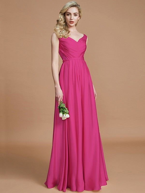 A-Line/Princess V-neck Sleeveless Ruched Floor-Length Silk like Satin Bridesmaid Dresses TPP0005430