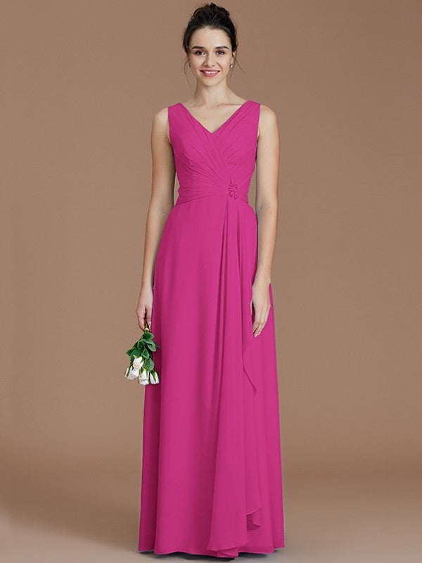 A-Line/Princess V-neck Sleeveless Ruched Floor-Length Chiffon Bridesmaid Dresses TPP0005631