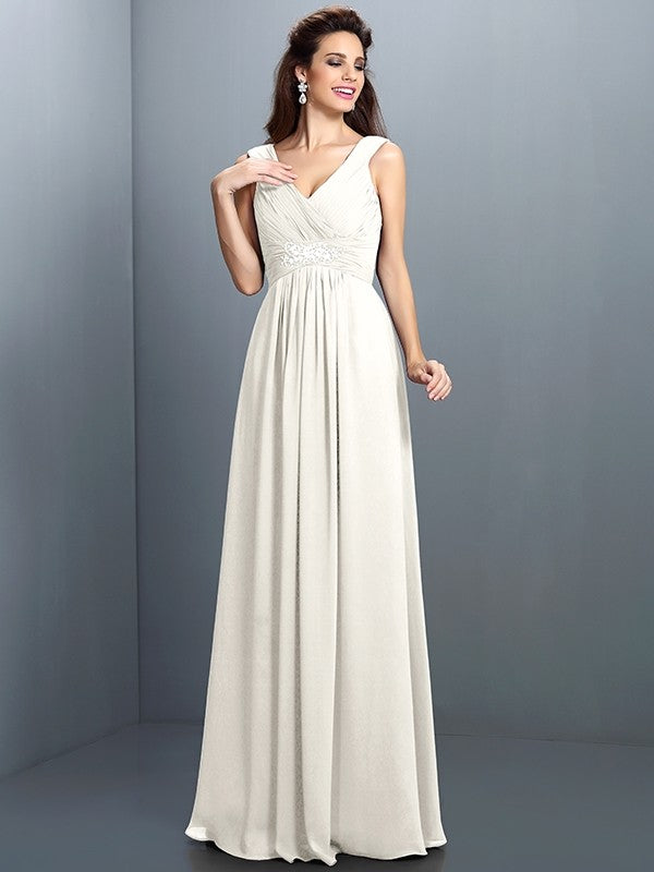 A-Line/Princess V-neck Beading Pleats Sleeveless Long Chiffon Bridesmaid Dresses TPP0005270